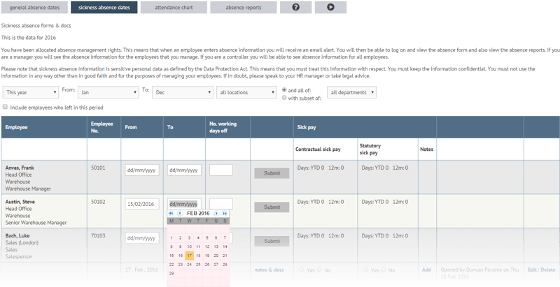 Enter sickness absence dates on myhrtoolkit