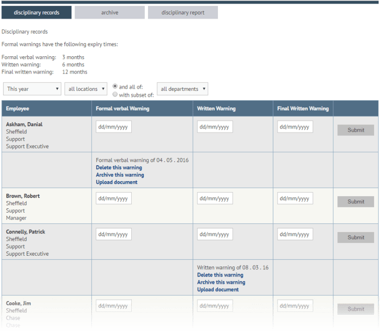 Managing disciplinary records in myhrtoolkit