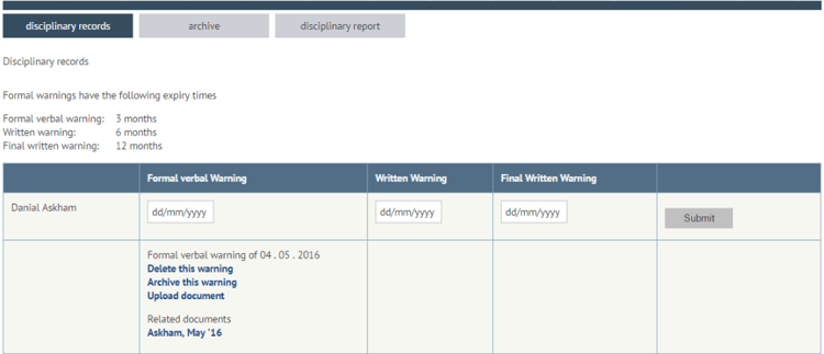 Highlighted employee record for disciplinary document