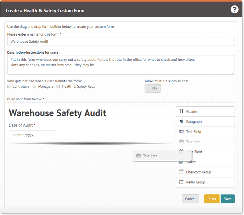 Create custom health and safety forms on myhrtoolkit