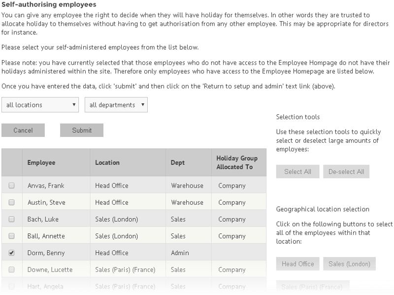 Self-authorising employees for holidays