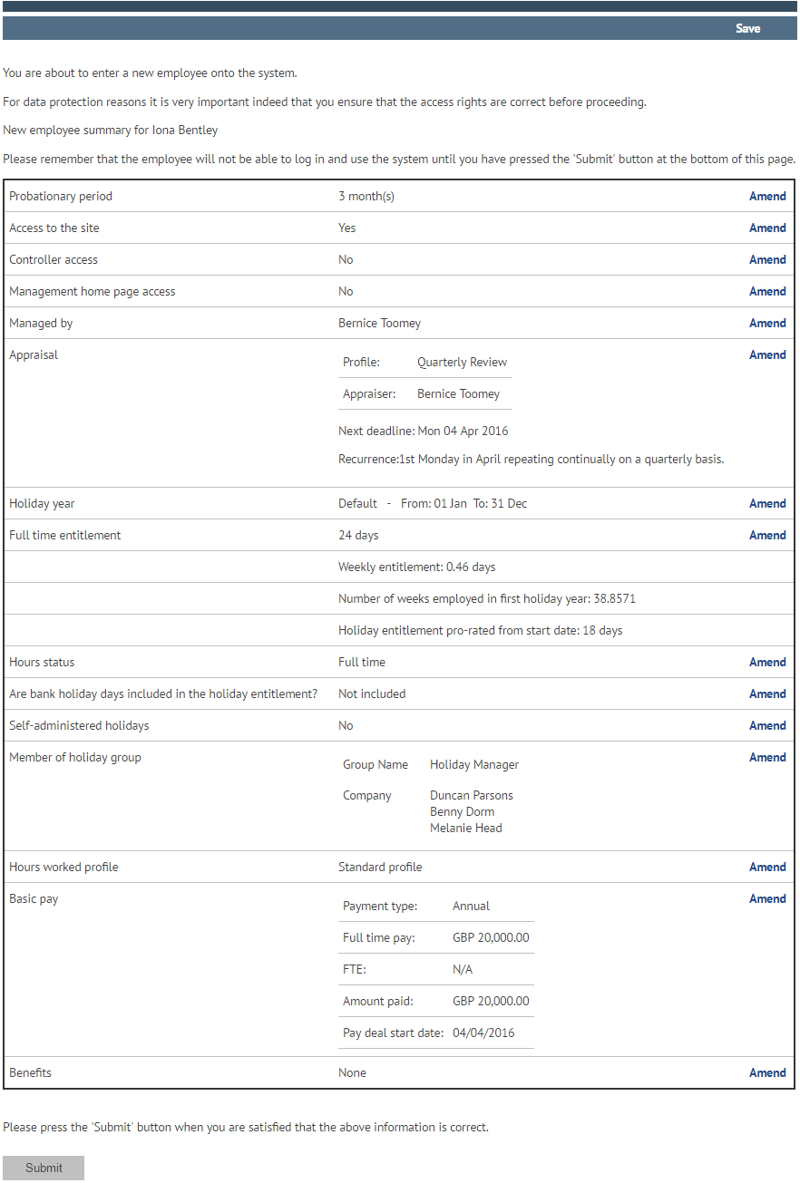 New starter summary page