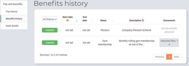 Pay and Benefits User Benefits history