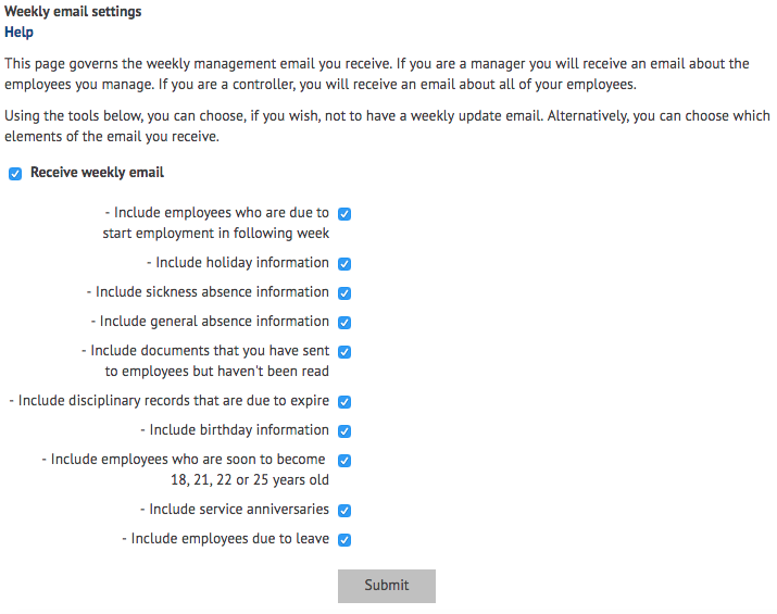 Weekly email settings in myhrtoolkit HR software