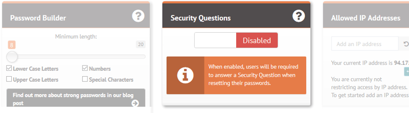 Security questions settings