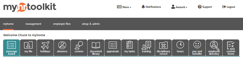 myhrtoolkit HR software menu