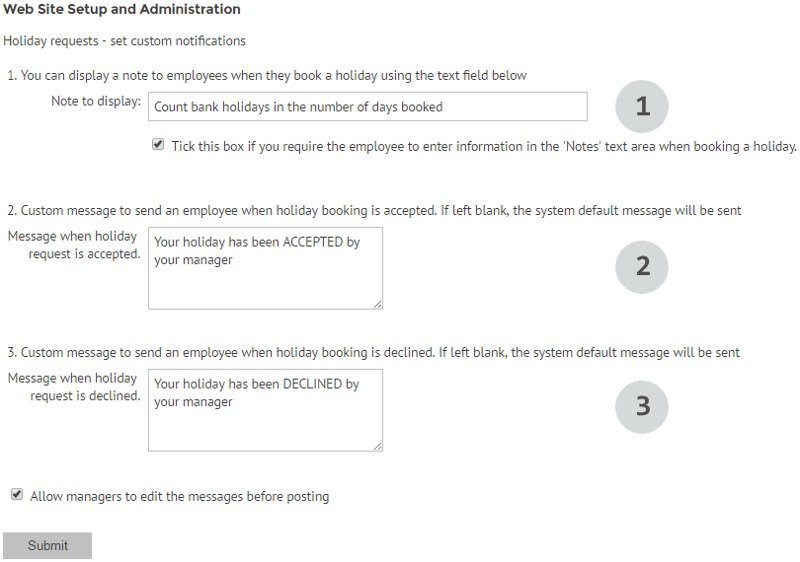 Holiday request settings on myhrtoolkit