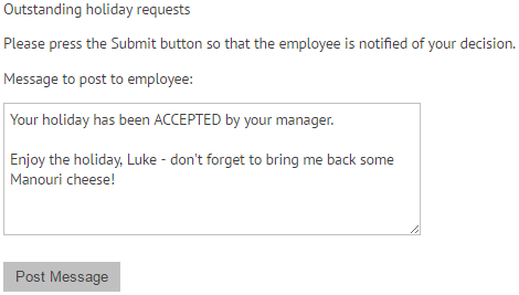 Post a holiday request response on myhrtoolkit