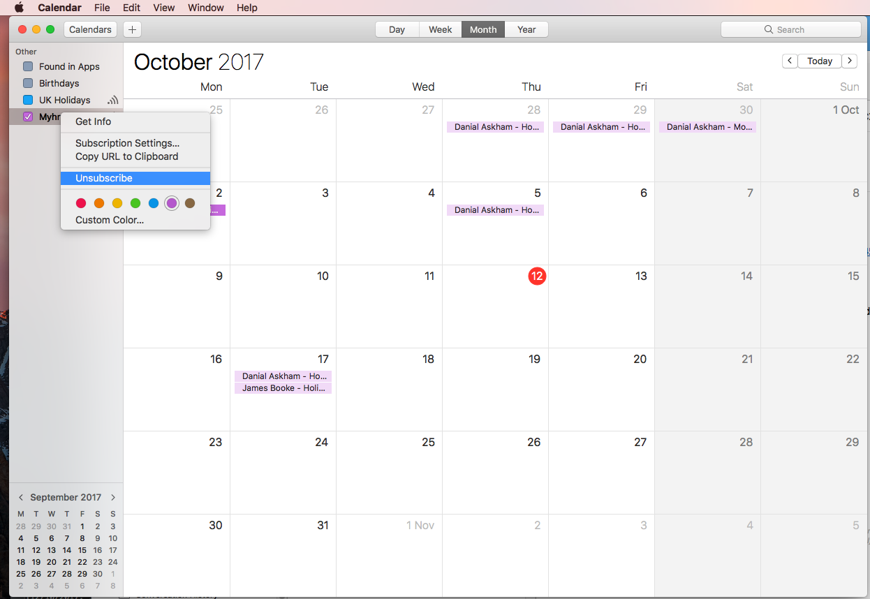 Calendar Unsubscription Apple menu