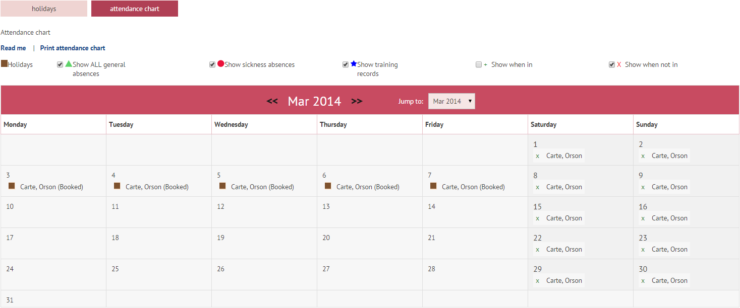 Employee Holiday chart